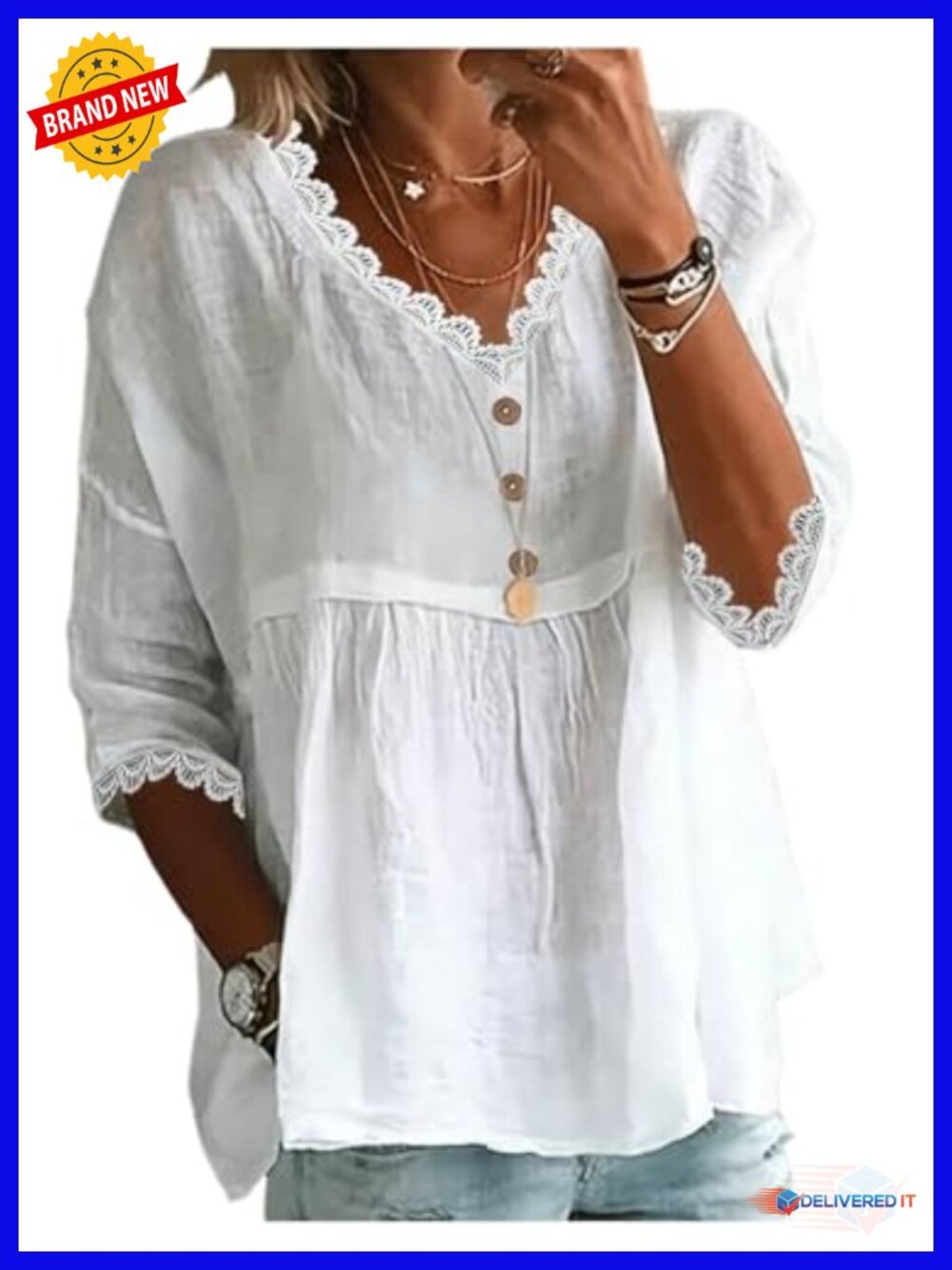 Women's Lace Flowy Babydoll Peplum Top 3/4 Bell Sleeve V-Neck Blouse